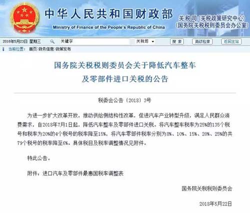 7月1日起，進口汽車關稅將降低至15%！