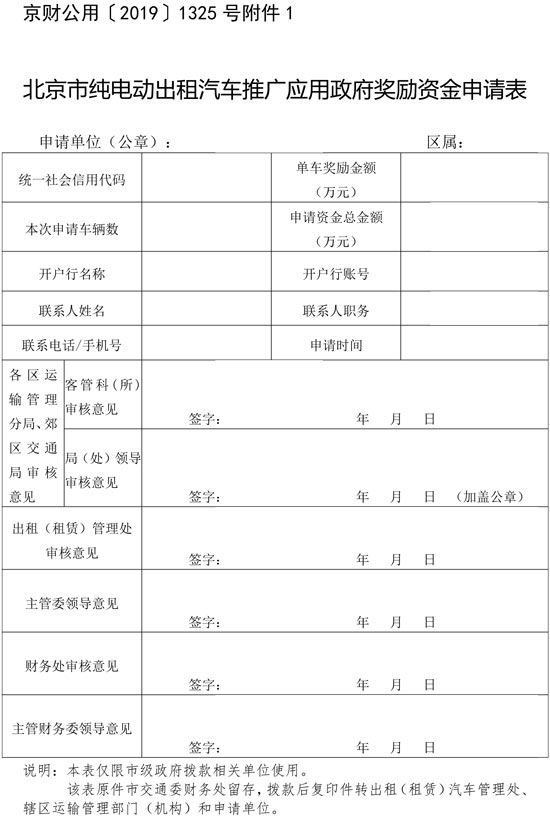 1. 北京市純電動出租汽車推廣應(yīng)用政府獎勵資金申請表